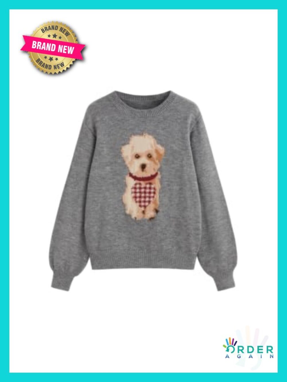 Cute Puppy Knit Pullover Sweater Crew Neck Long Sleeve Relaxed Fit